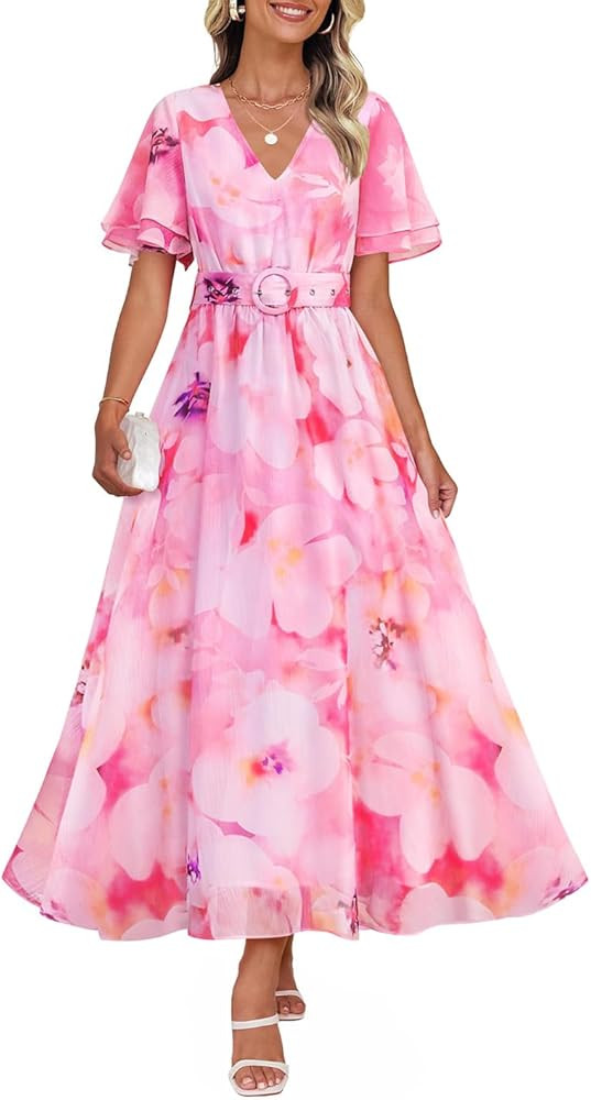 ZESICA Women's 2025 Summer Floral V Neck Midi Dress Boho Short Sleeve High Waist Flowy Beach Vaca... | Amazon (US)