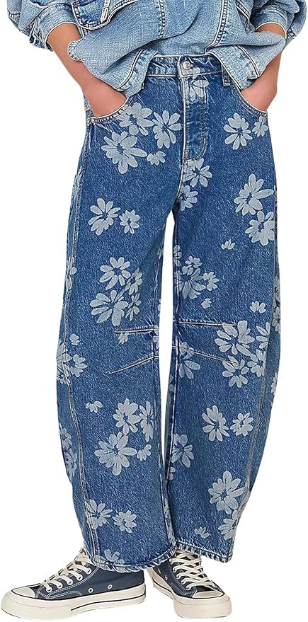 ebossy Women's Retro Floral Print Barrel Jeans Mid Rise Wide Leg Baggy Boyfriend Horseshoe Denim ... | Amazon (US)