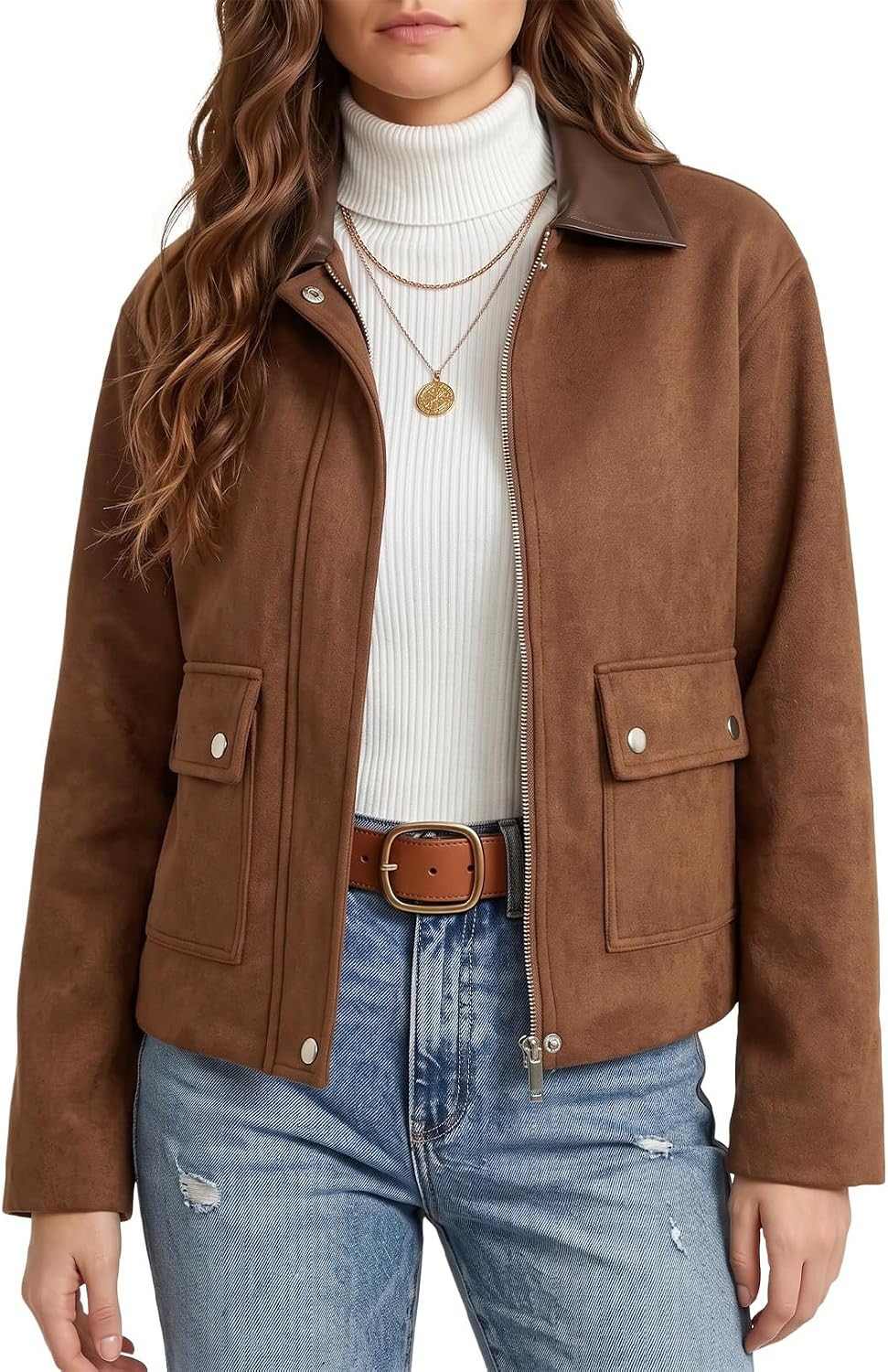 Dokotoo Womens Cropped Jacket 2026 Fall Collar Zip Button Coat with Pockets | Amazon (US)