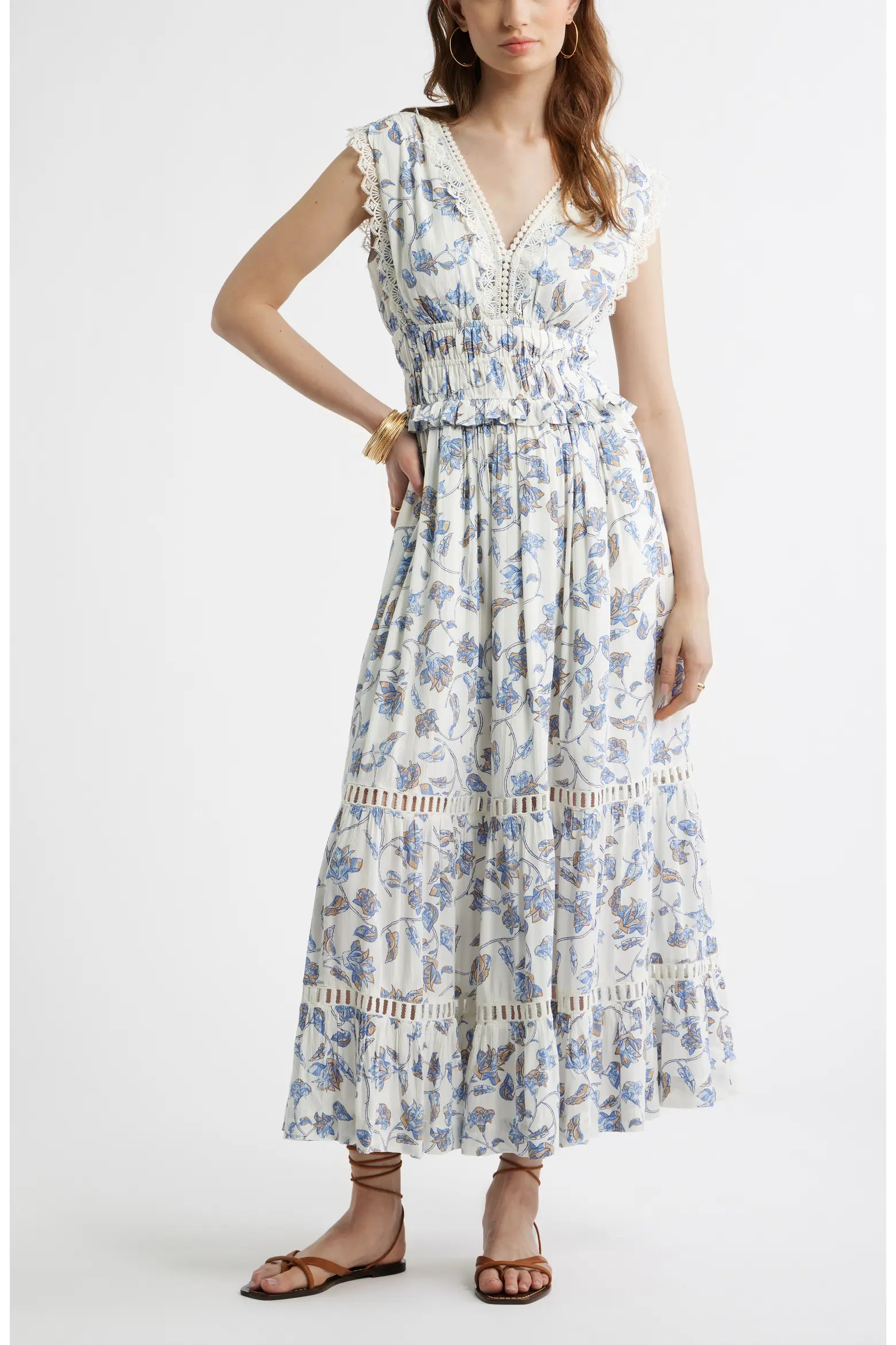 Floral Lace Trim Tiered Midi Dress (Women) | Nordstrom | Nordstrom