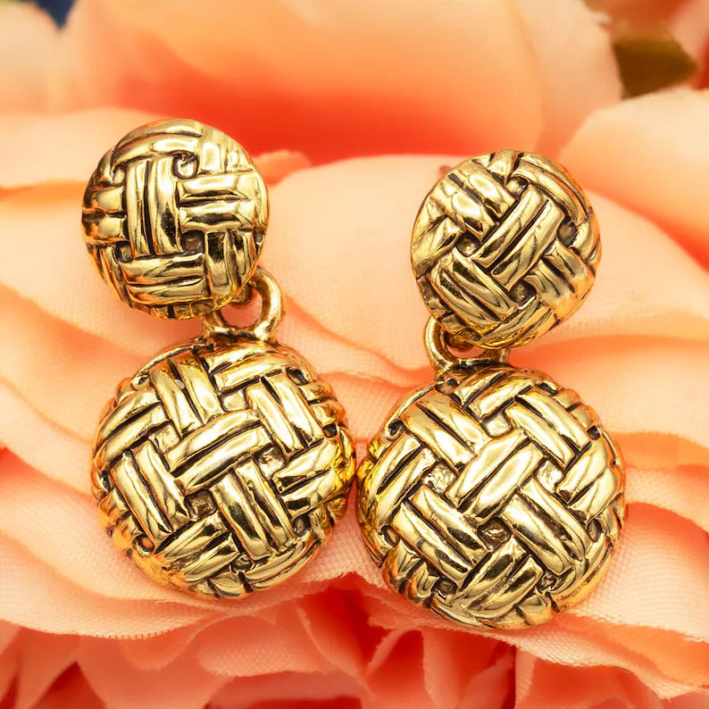 Vintage Womens Oscar De La Renta Gold Plated Weave Earrings Drop Dangle Designer Earring Jewelry ... | Etsy (US)