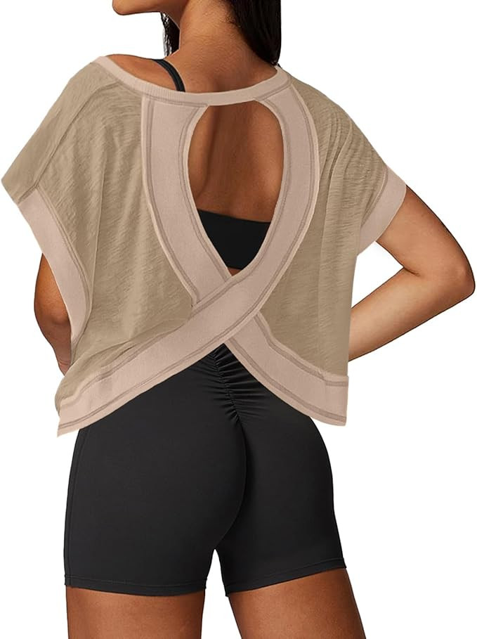 Open Back Workout Tops for Women Loose Fit Athletic Crop Tee Short Sleeve Gym Running Yoga Shirt | Amazon (US)