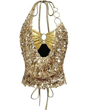 MakeMeChic Women's Metallic Glitter Sequin Halter Top Ring Linked Summer Y2K Party Tops Clubwear | Amazon (US)
