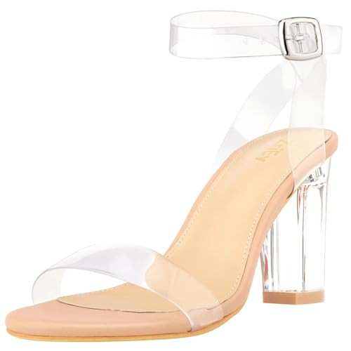 ZriEy Nude Clear Block Sandals Chunky Heels for Women 3.35 Inch Open Toe Adjustable Ankle Strap Pump Sandals for Weddings Parties Daily Wear Size 9 | Amazon (US)
