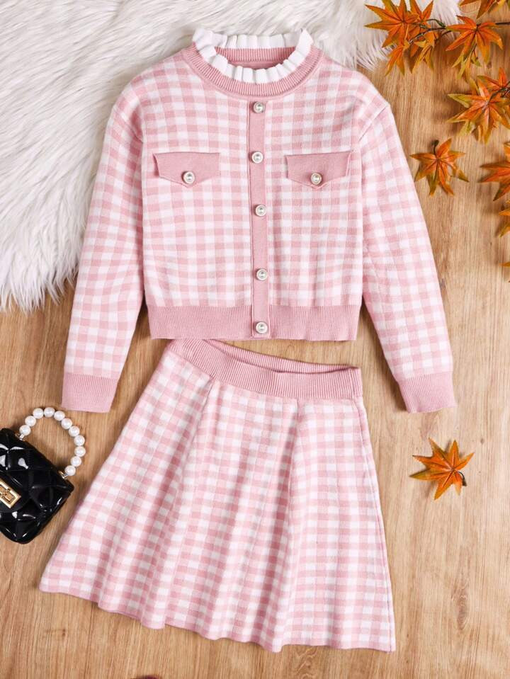 SHEIN Tween Girl Gingham Pattern Frill Trim Cardigan & Knit Skirt | SHEIN