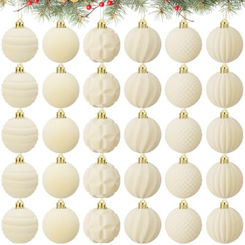 Menkxi 30 Pcs Christmas Velvet Ball Ornaments Small Flocked Christmas Ornaments for Tree Plastic Xmas Decorative Hanging Balls Handmade Flocked Velvet Xmas Tree Home Decor (White) | Amazon (US)