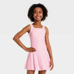 Girls' Active Scallop Crop Tank Top - All In Motion™ Pink Gingham XS | Target