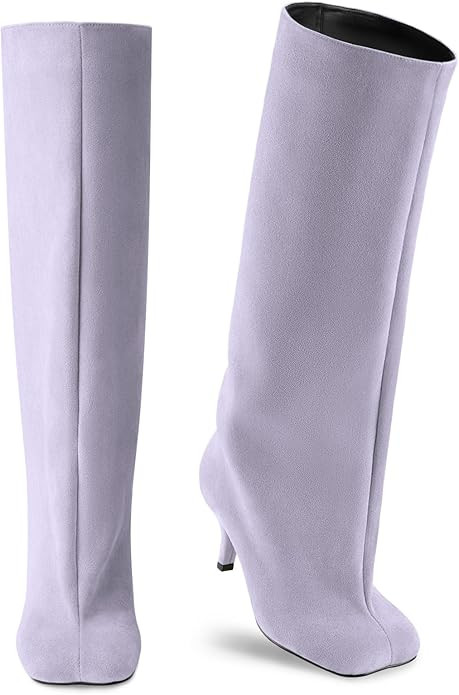 Oh Mispares Women's Nude Suede Knee High Boots - Square Toe Wide Calf Stiletto Low Heels - Fashio... | Amazon (US)