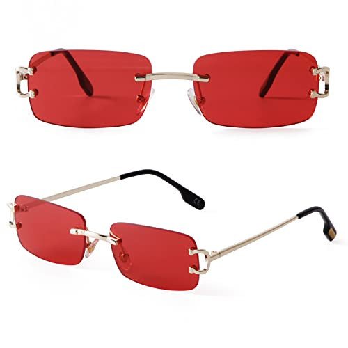 SDINM Rimless Sunglasses for Men Women Fashion Small Narrow Rectangle Sun Glasses Shades 90s Eyewear, Red | Amazon (US)