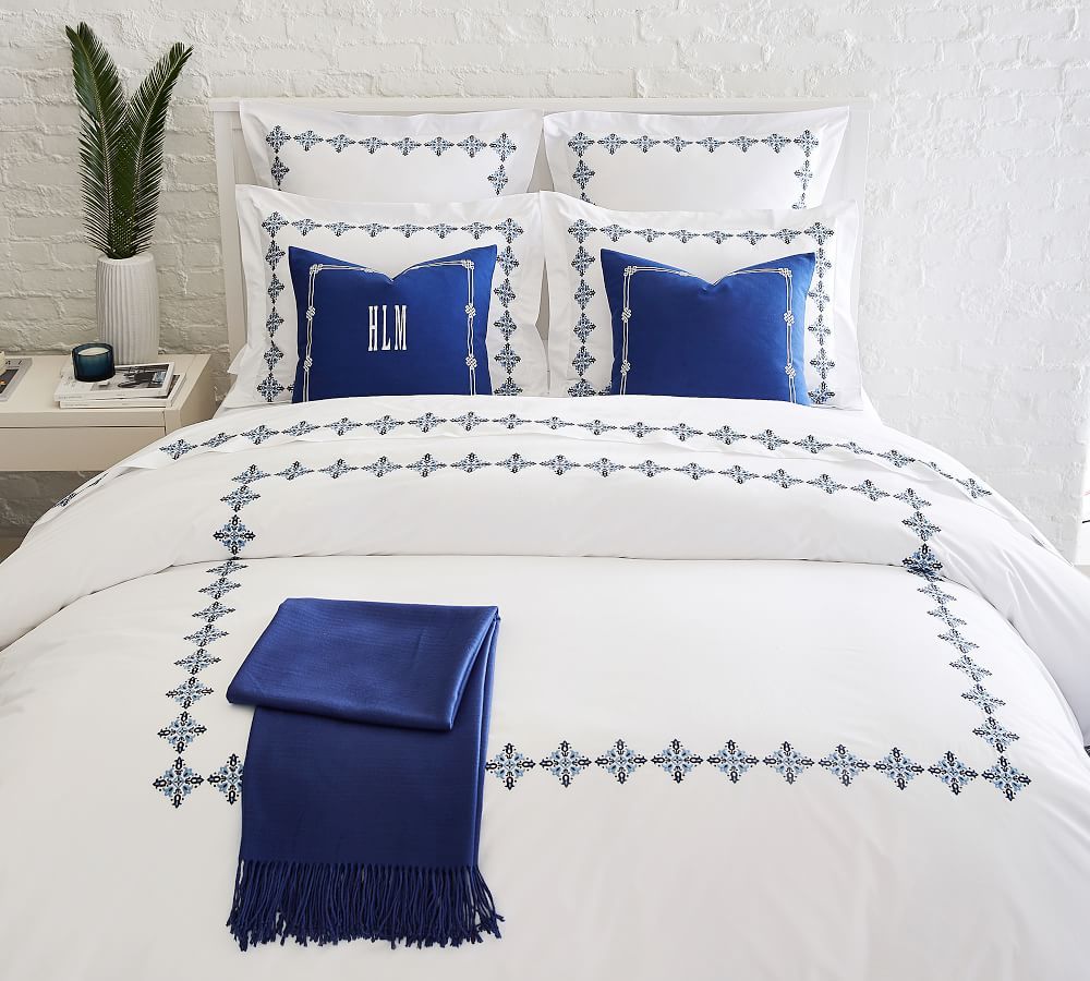 Tile Embroidered Organic Percale Duvet Cover | Pottery Barn (US)