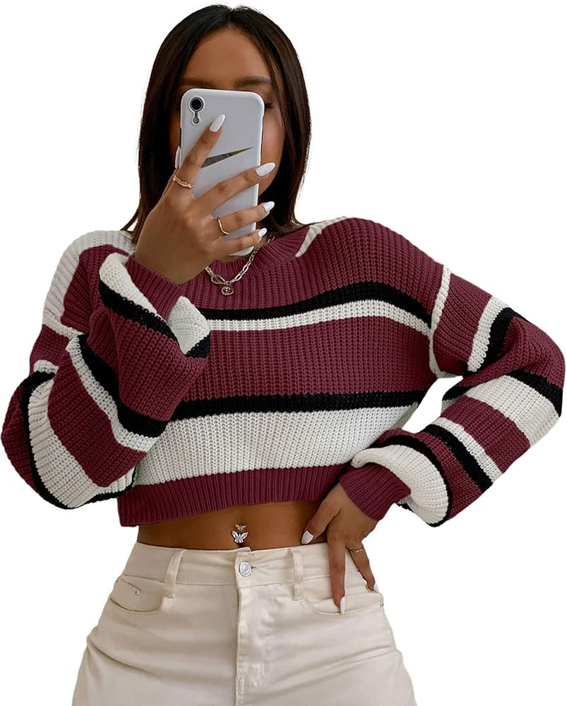 ZAFUL Women's Color Block Striped Sweater Crew Neck Lantern Sleeve Cropped Sweaters Casual Loose ... | Amazon (US)