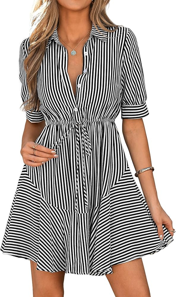 MASCOMODA Womens Puff Short Sleeve Striped Mini Summer Dress Spring Casual V Neck Button Down A L... | Amazon (US)
