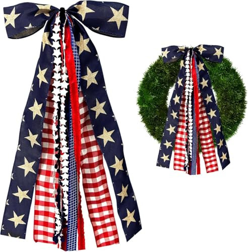 Large Patriotic Ribbon Bow, 4th of July Red White and Blue Bows Clip-On Star Sash Patriotic Wreaths for Front Door Indoor Outdoor Memorial Day Decoration | Amazon (US)