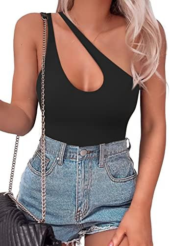 SAUNGKUAI Women's Sexy One Shoulder Sleeveless Cutout Thong Bodysuit Tank Top Body Suits V Backle... | Amazon (US)