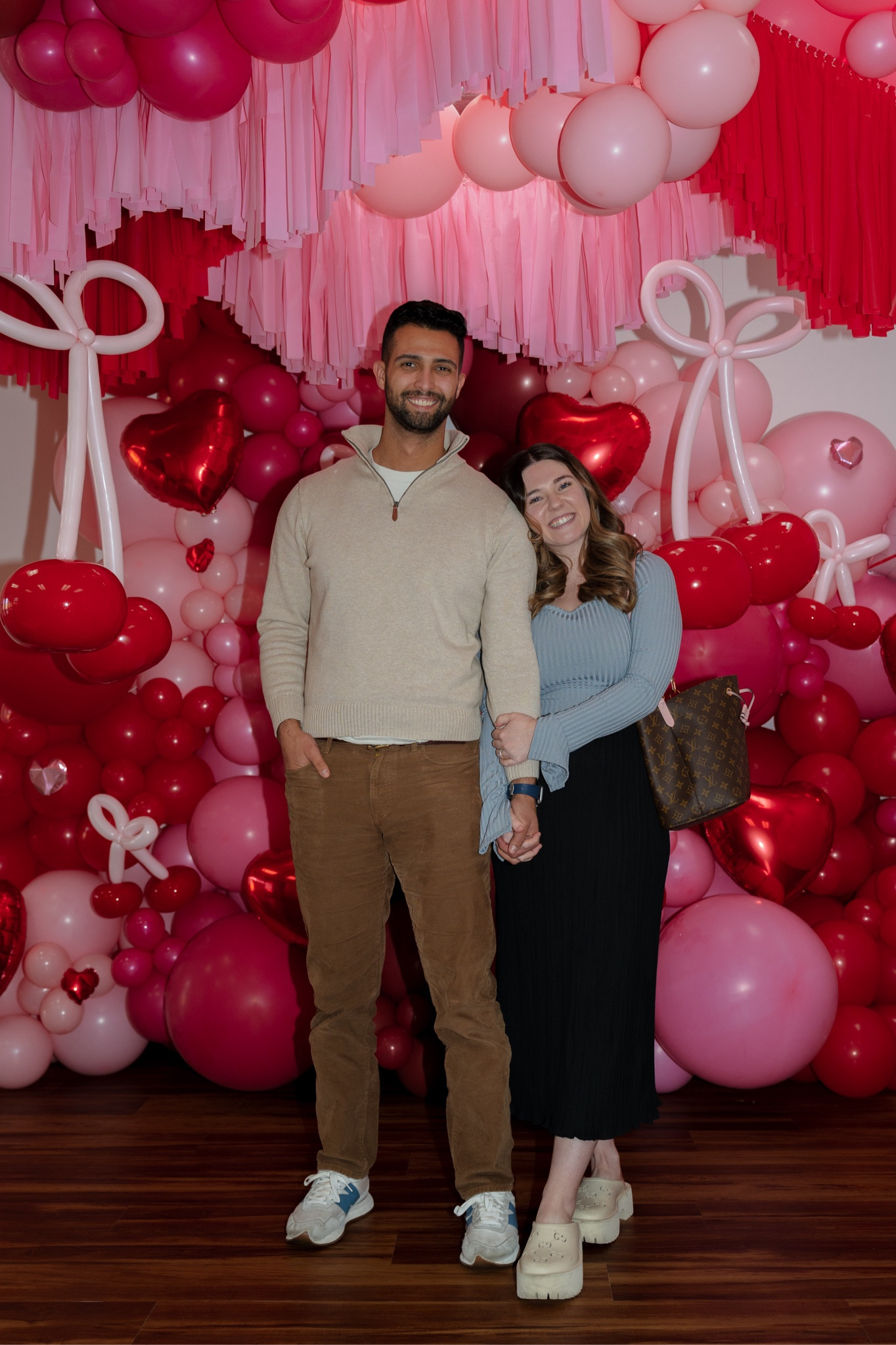 Couples outfits 
Women’s Madewell skirt and top 
Gucci clogs 
Men’s JCrew quarter zip + pants 
New Balance sneakers 
