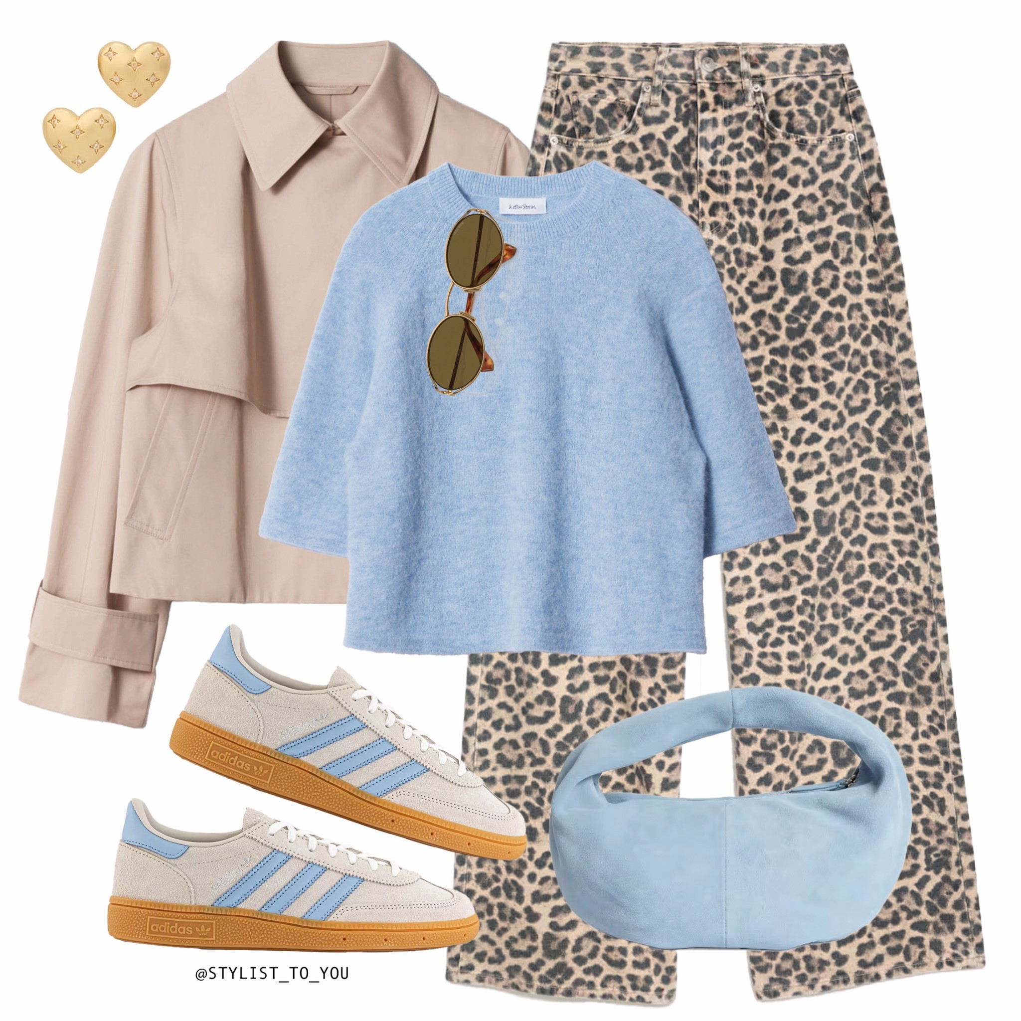 Soft neutrals meet cool blues—styling my way into spring 🩵

A Trendy and Playful look with Leopard Print and Blue Tones. A bold yet balanced outfit featuring a beige cropped trench coat, a short sleeve light blue sweater jumper knitwear top tank tee, and wide-leg neutral leopard print jeans. Complemented with cream Adidas sneakers trainers with blue stripes, a soft blue suede bag, Miu Miu oval gold sunglasses, and gold heart-shaped earrings, this look is a playful mix of classic and trendy elements.
Spring dressing, streetwear, fashionable, trendy style, ootd inspo, effortless fashion, casualchic, modernoutfits, animal print, blue outfit, cool and casual, laidback style, minimal street wear, Parisian girl style, chic casual, street wear fashion, stylish girl, casual but make it fashion, everyday chic, trendy aesthetic, spring fashion looks, urban styleinspo, street wear aesthetic, style blogger, casual fashionista, ootd style, current fashion, style goals, leopard aesthetic, elevatedcasual, outfitoftheday, effortless looks, modern trends, fashion daily look, sneaker style, spring wardrobe, stylish and chic

#LTKuk #LTKeurope #LTKAprilSpotlight