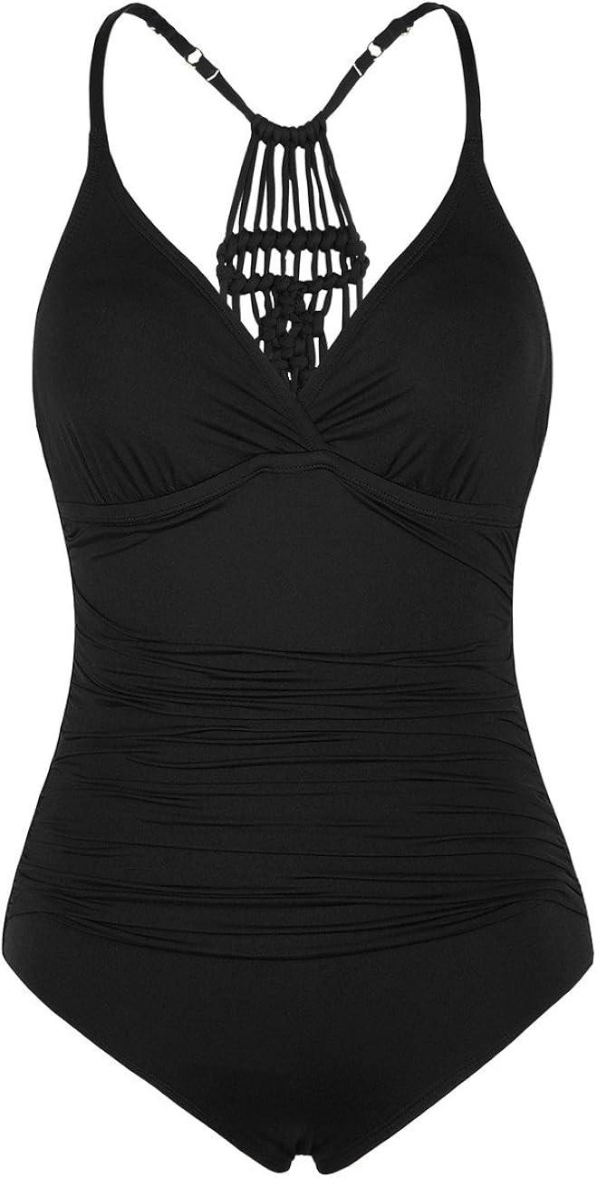 Firpearl Women's Halter One Piece Swimsuits Braid Macrame Ruched Tummy Control Swimwear | Amazon (US)