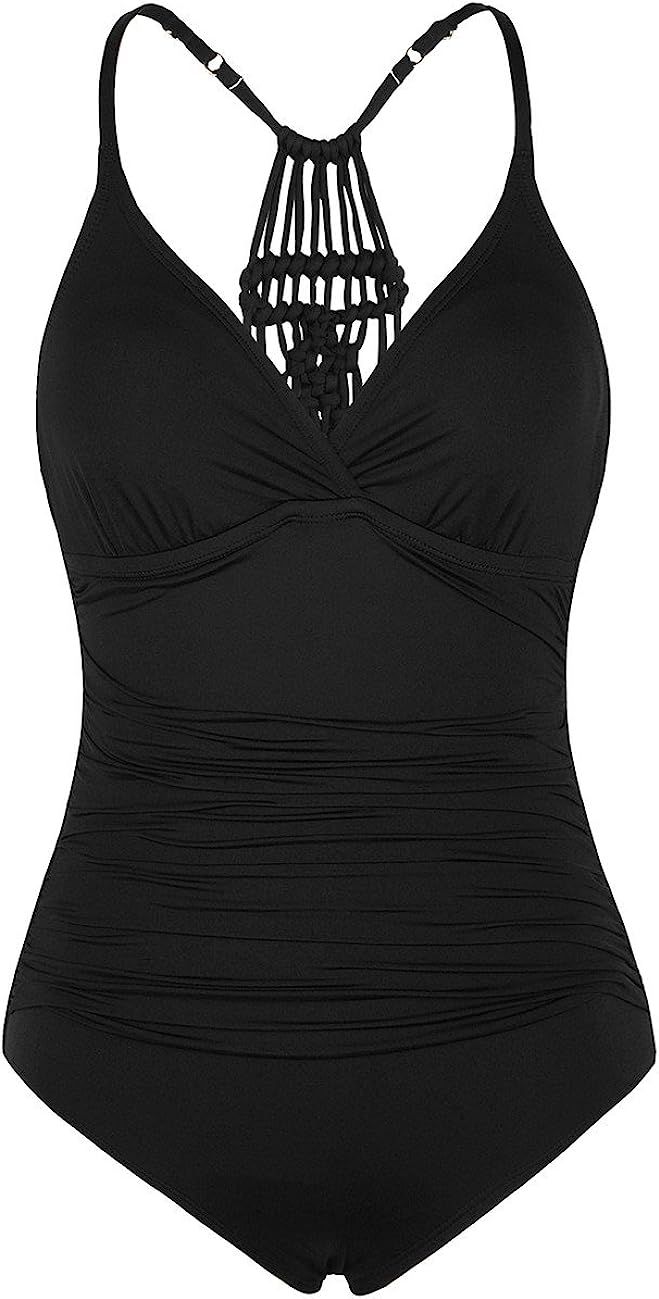 Firpearl Women's Halter One Piece Swimsuits Braid Macrame Ruched Tummy Control Swimwear | Amazon (US)