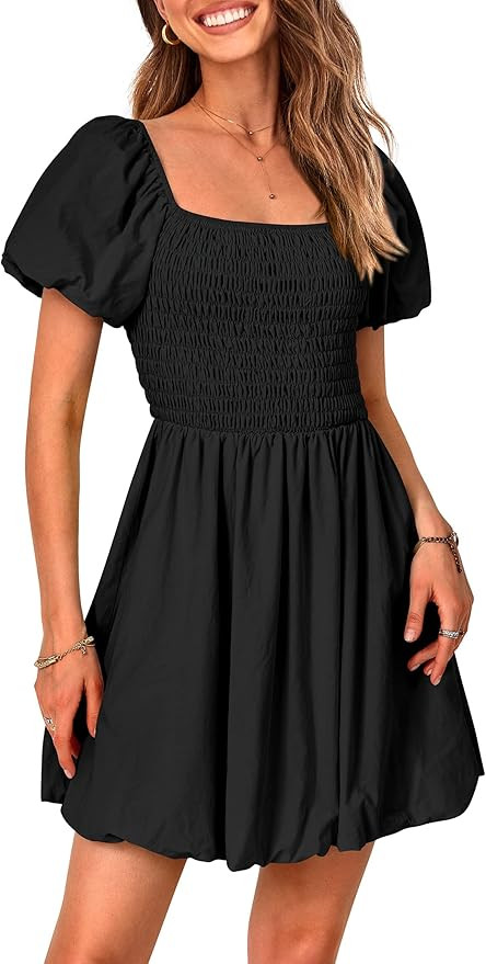 KIRUNDO 2023 Women's Summer Square Neck Smocked Puff Sleeve Mini Dress Off Shoulder Ruffle A-Line... | Amazon (US)