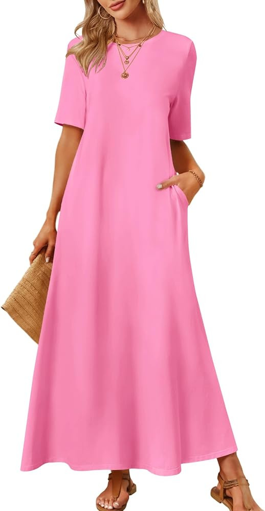 MEROKEETY Women's 2025 Spring Summer Casual Maxi Dress Beach Vacation Short Sleeve Crewneck Basic... | Amazon (US)