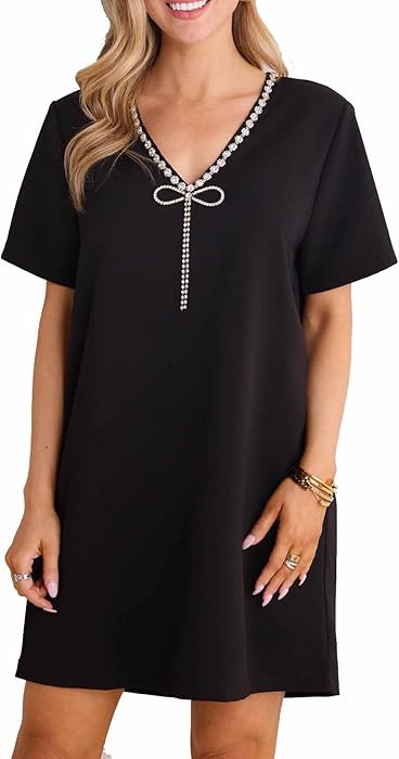 SCOFEEL Women's Sexy V Neck Short Sleeve Mini Dress Bow Glitter Rhinetone Trim Formal Elegant Par... | Amazon (US)