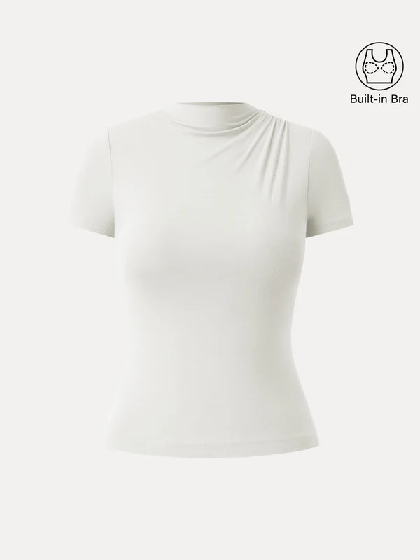 Mockneck Asymmetrical Ruched Shoulder Brami Tee | OGLmove