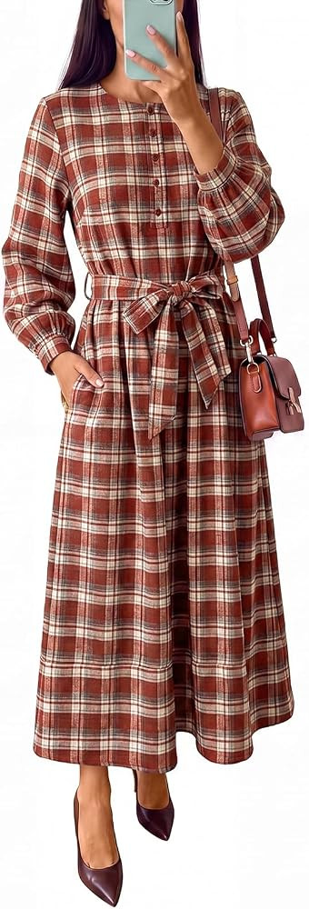 Wenrine Womens Plaid Midi Dress Half Button Tie Waist Dresses with Pockets | Amazon (US)