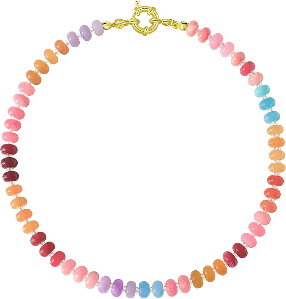Colorful Beades Gemstone Necklace for Women Boho Beaded Choker Rainbow Colorful Natural Stone Sum... | Amazon (US)