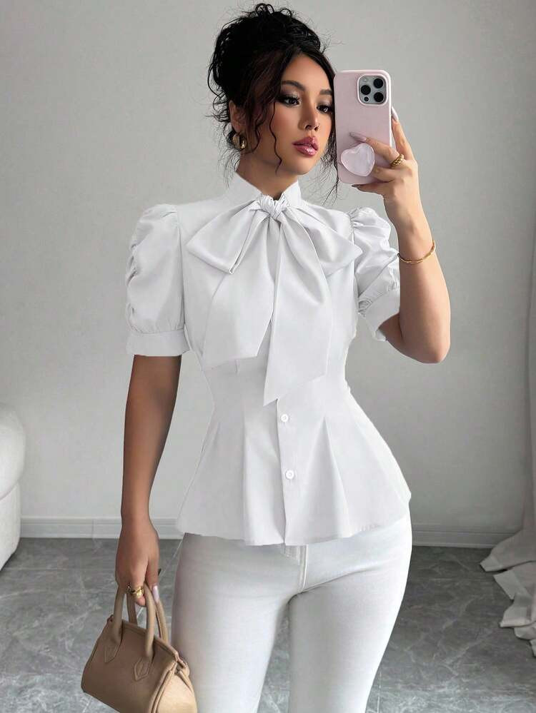 Gloray Fashionable & Elegant Bow Waist Pleated Women Blouse | SHEIN