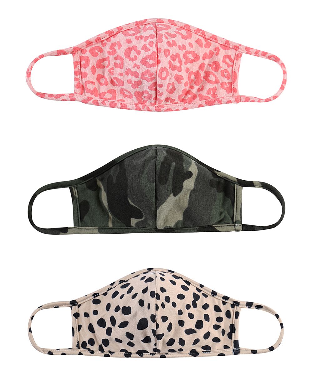 Riah Fashion Girls' Fabric Face Masks Coral, - Coral Leopard Assorted 3-Piece Kids Non-Medical Face  | Zulily