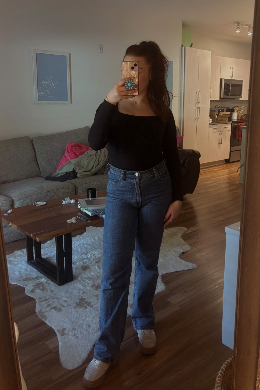 small black square neck bodysuit | size 25 Abercrombie jeans | tan suede sneakers | corporate work outfit 