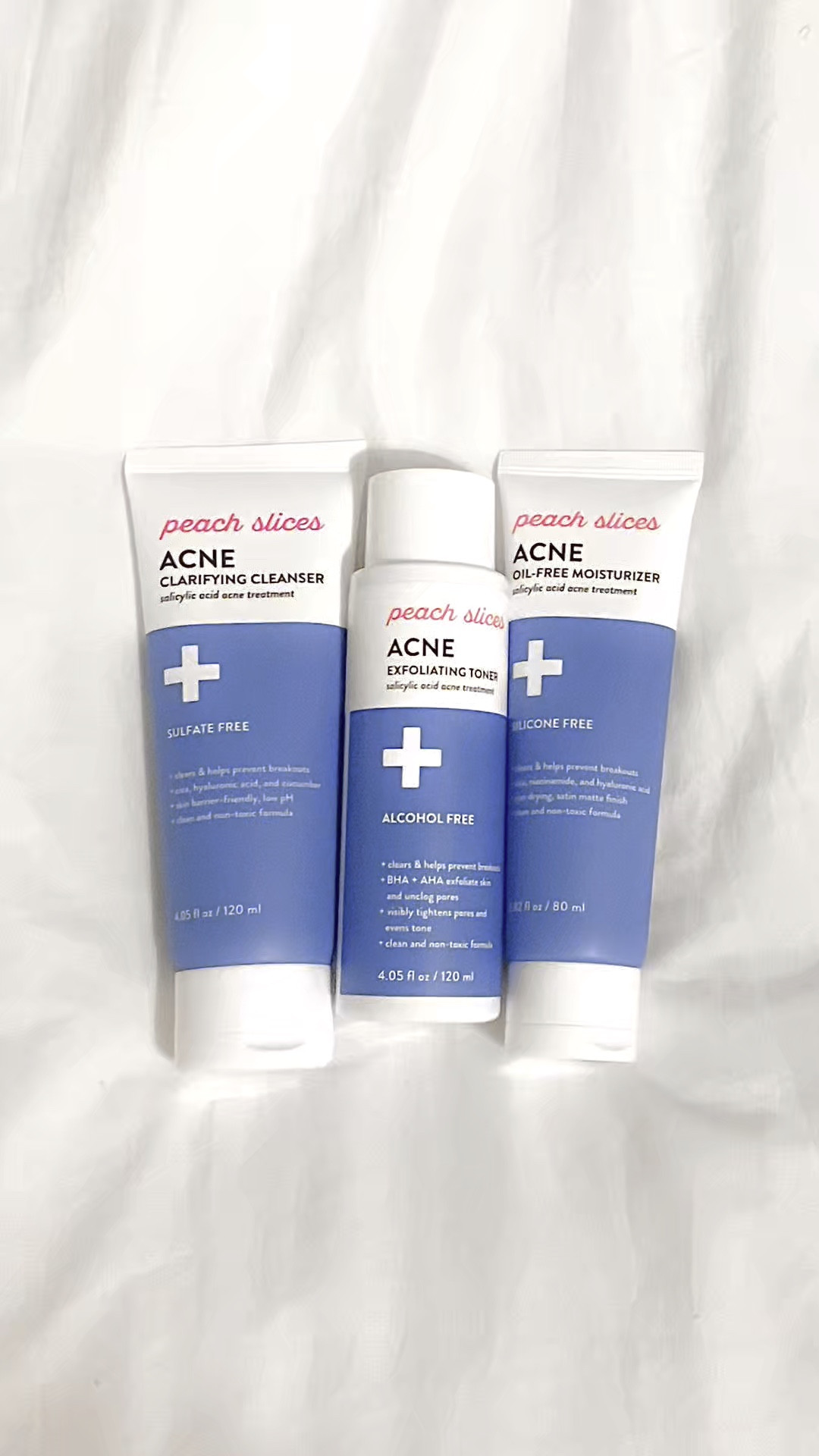 Problem skin? No problem! This is Peach Slices clinically proven 3-step Acne OTC collection. It features a cleanser, toner, and oil-free moisturizer. Step one is the cleanser. It works to cleanse and clarify impurities and breakouts while avoiding stripping the skin. The cleanser and toner have 2% salicylic acid that helps to clear and prevent acne. Step two is the toner. It gently exfoliates pores. Lastly, step three is the moisturizer. It is 0.5% salicylic acid and hydrates without clogging pores or making the skin look greasy. Do you have stubborn breakouts? Try these in their trial size for just $15.99. 

#LTKGiftGuide #LTKBeauty #LTKFindsUnder50