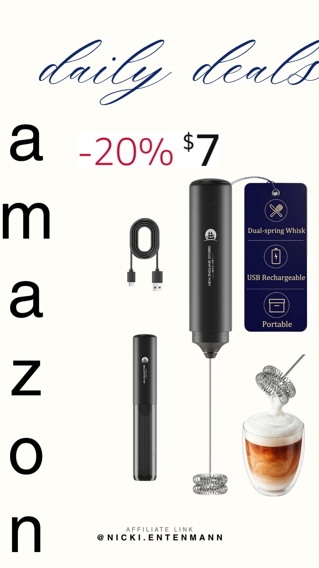 Whip up café vibes with New England Stories Handheld Rechargeable Milk Frother Wand crafted for creamy perfection. Perfect for lattes or cappuccinos, it blends convenience, style, and confidence seamlessly. #milkfrother #newenglandstories #coffeetools #kitchenappliance #homebarista #latteart #frotherwand #amazonfinds #shoppingdeal #kitchenessentials ☕✨🥛 

 #LTKfoodie #LTKHome #LTKSaleAlert