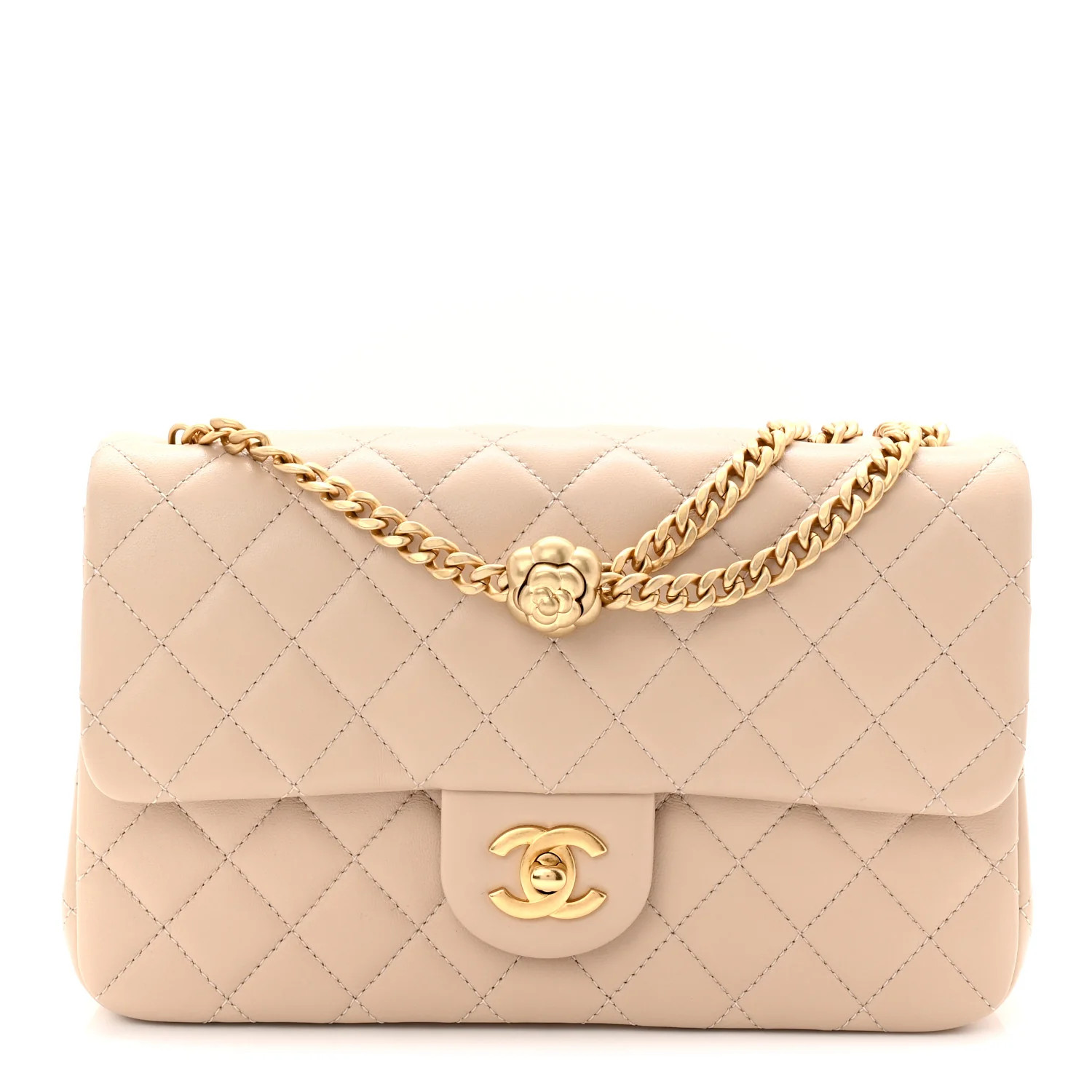 Lambskin Quilted Small Sweet Camellia Flap Beige | FASHIONPHILE (US)