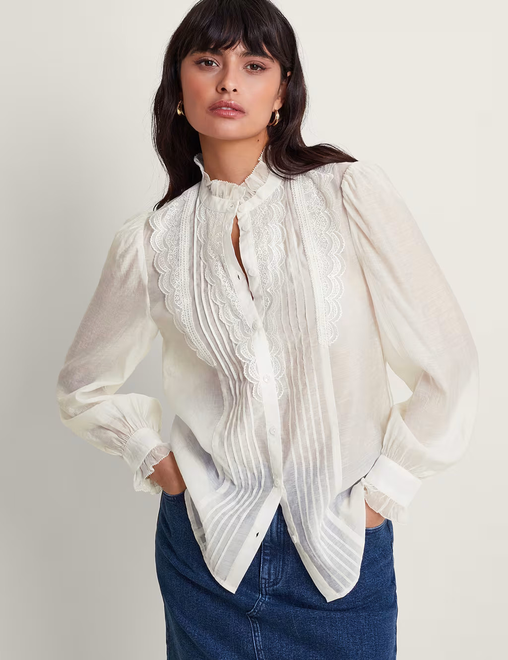 Lace Pleated High Neck Button Through Blouse | Marks & Spencer (UK)