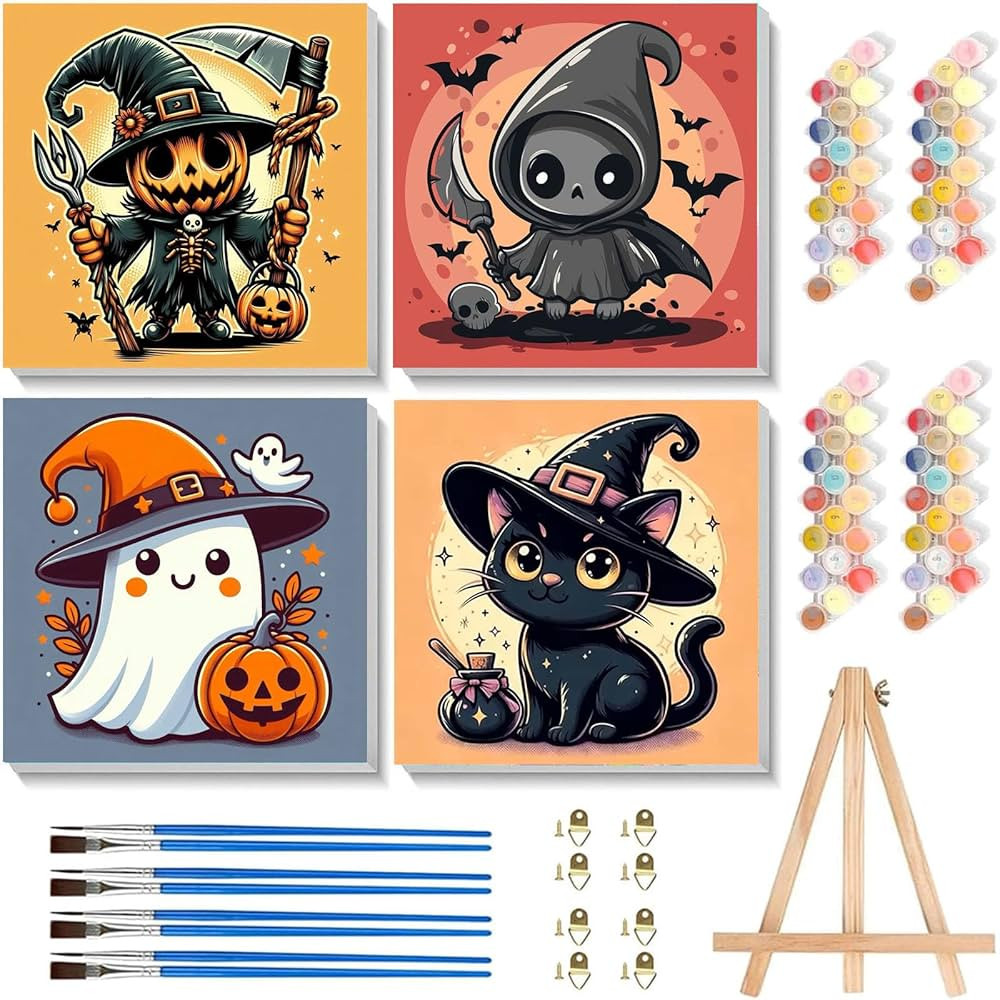 ajepon 4 Pack Paint by Numbers Kit for Kids with Frame-Halloween Paint by Number for Kids, Hallow... | Amazon (US)