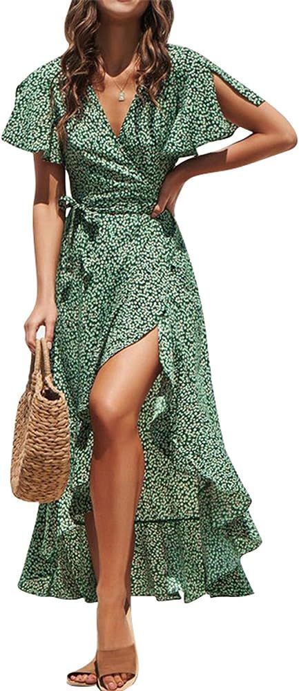 Women's Summer Chiffon V Neck Ruffle Maxi Dress Polka Dot Long Beach Wrap Dress | Amazon (US)