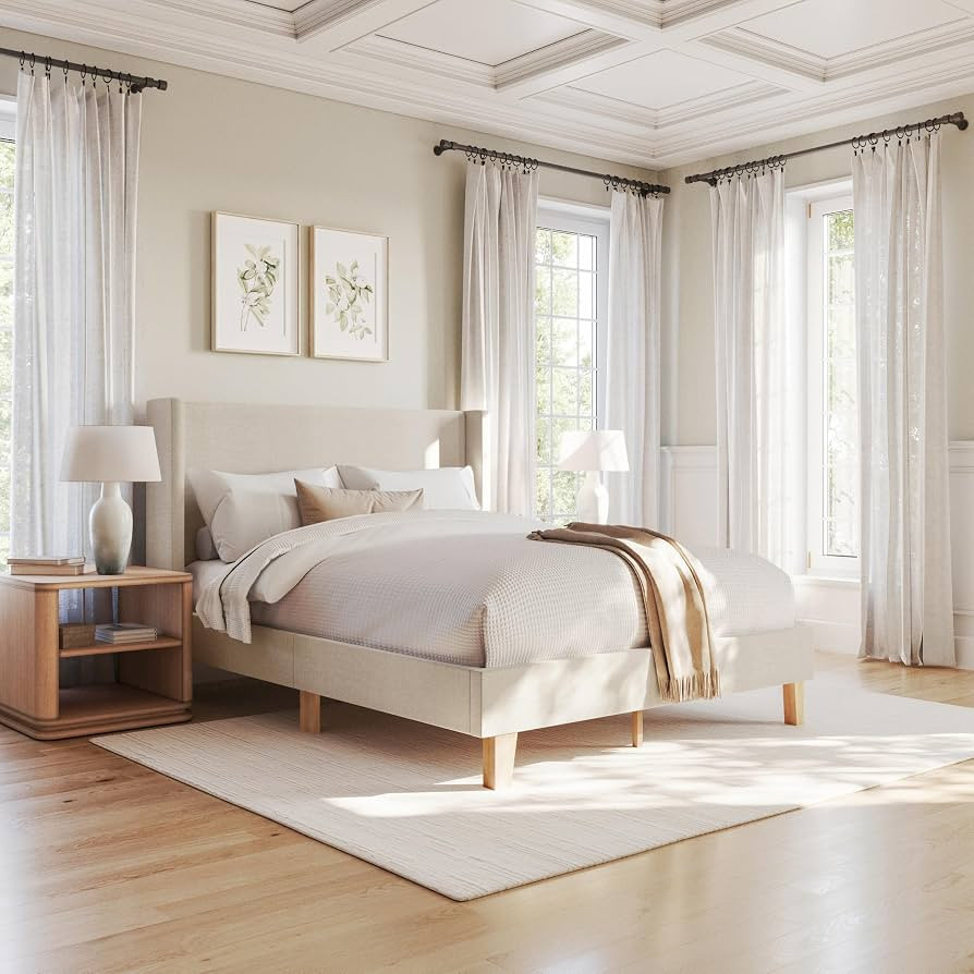 Martha Stewart Maisie Platform Bed with Wingback Headboard and Cushioned Side Rails, Faux Linen U... | Amazon (US)