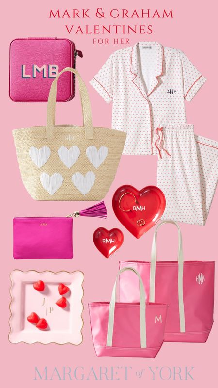Valentines for her, valentine, gift ideas, for her, Valentine’s Day, pink and red gifts, personalized gifts, jewelry box, tote bag with hearts, Straw bag, heart shaped tray , catch all, Mark and Graham, scallop dish, heart pajamas, valentine pajamas 