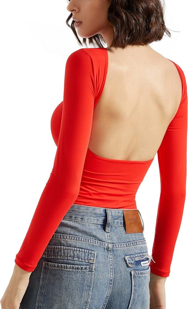 SUUKSESS Women Backless Going Out Tops Double Lined Open Back Basic Long Sleeve | Amazon (US)