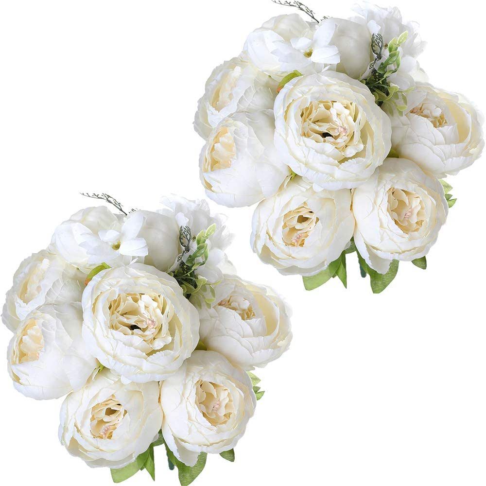 Nubry 2pcs Artificial Peony Silk Flowers Bouquet for Wedding Home Garden Decoration(White) | Amazon (US)