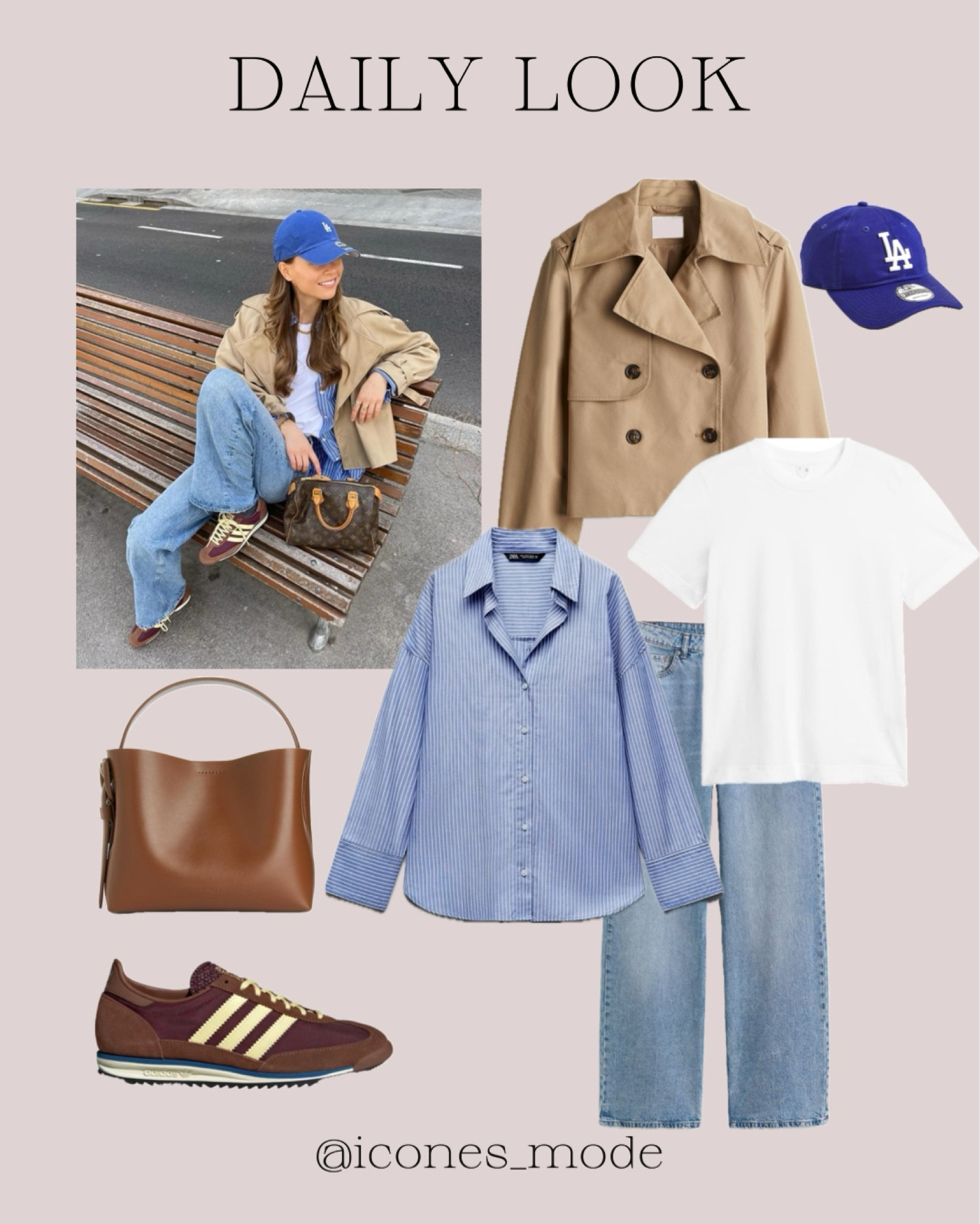 6 Basic Wardrobe Pieces with which to create a look
classic, timeless and relaxed…

👕A Basic T-shirt
👔A blue striped shirt
🧥A Trench in earth color
👖 Wide Leg Jeans
👜A Leather Bag
👟Trend Sneakers
