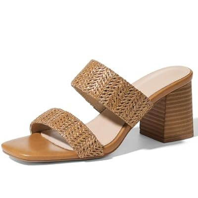 Ancomafio Heeled Sandals for Women Raffia Sandals 2025 Chunky Block Heels Square O… | Amazon (US)