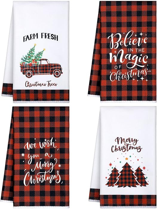 Patelai 4 Pack Christmas Kitchen Towels Red Black Buffalo Plaid Dish Towels | Amazon (US)