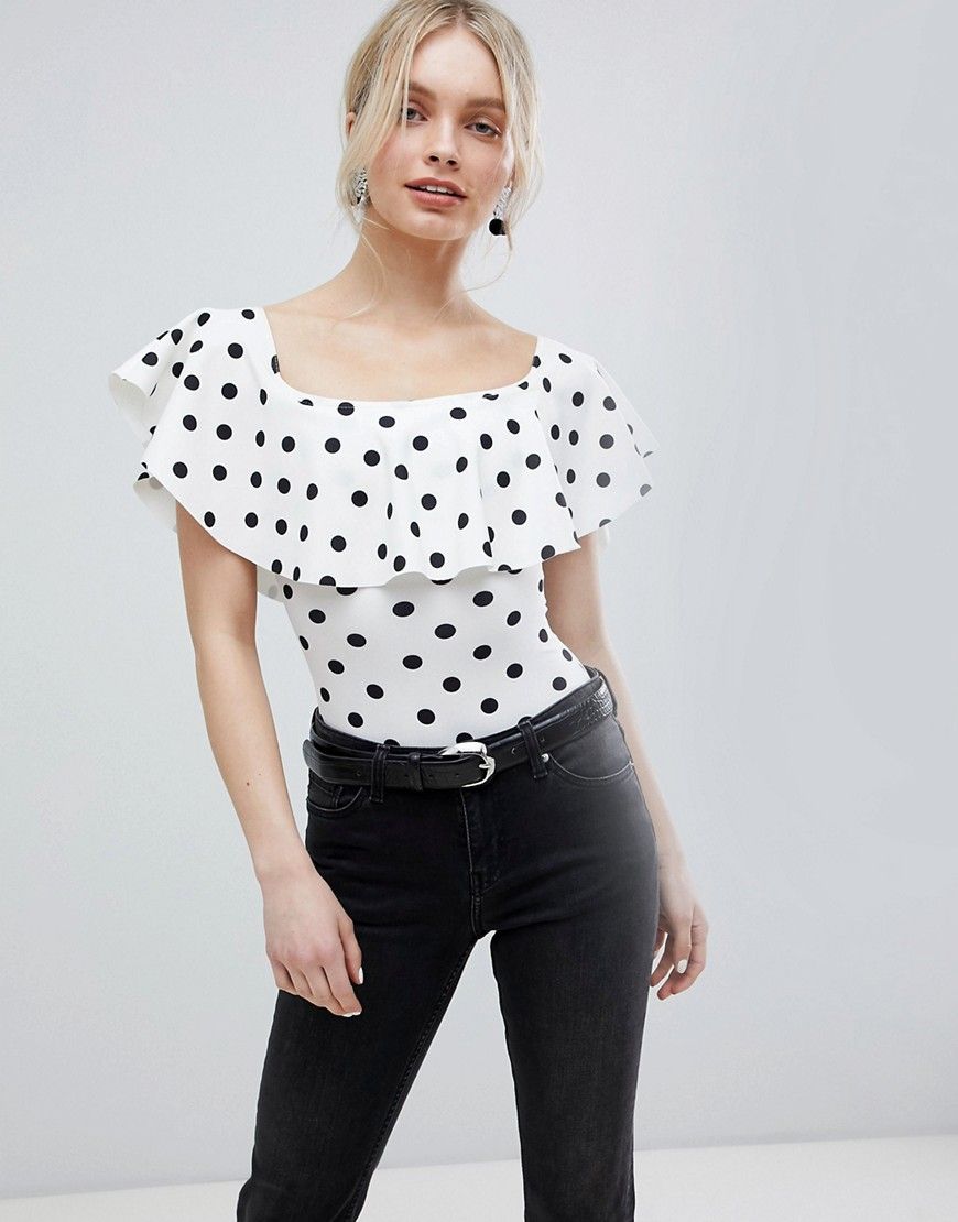 New Look Polka Dot Frill Bodysuit - Cream | ASOS US