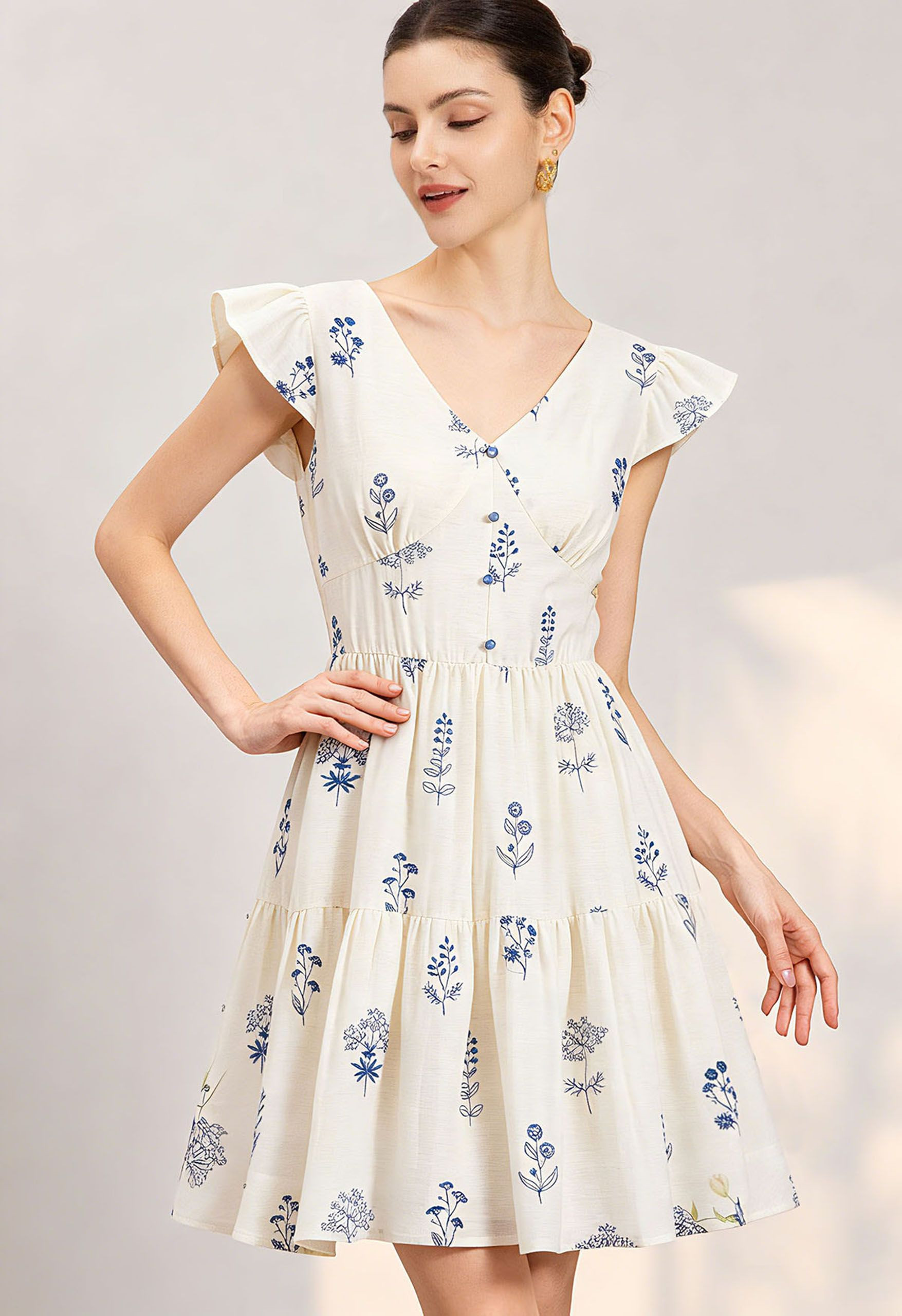 Blue Floral Embroidered V-Neck Mini Dress for Garden Brunch & Day Date | Chicwish