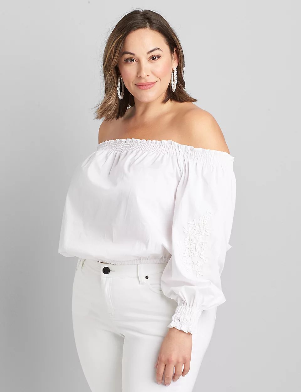 Shirred Off-The-Shoulder Crop Top With Crochet | Lane Bryant (US)