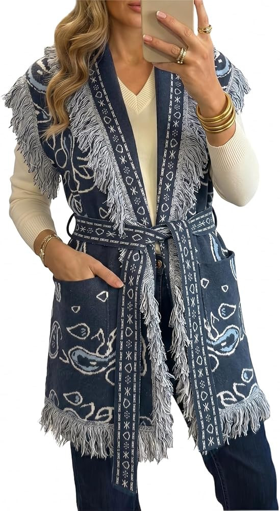 Saodimallsu Womens Sleeveless Long Cardigan Sweaters Fringe Shawl Collar Boho Paisley Wrap Belted... | Amazon (US)