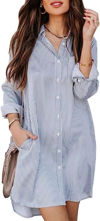 chouyatou Women's Casual Loose Fit Long Sleeve Solid Striped Button Down Shirts Dresses | Amazon (US)