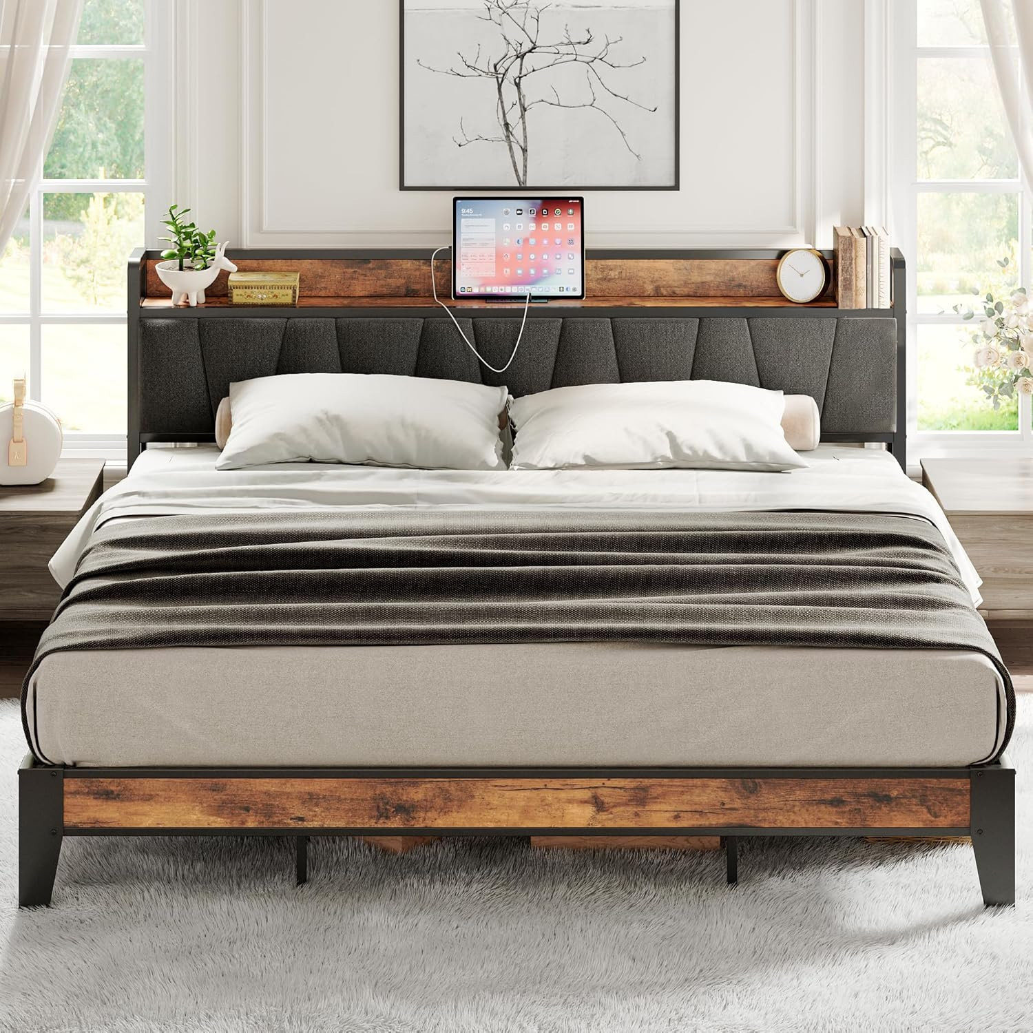 Likimio 78-in W Vintage Brown and Grey Bed Frame with Charging Station | USAN1037545 | Lowe's